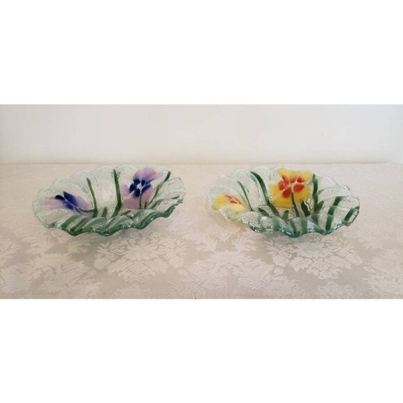Vintage Fused Glass Floral Dinner Plate Berry Bowl Handcrafted Iris Flower Set - Picture 2 of 8